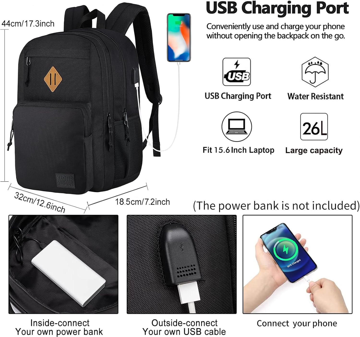 Backpack Classic Carry-On Travel anti Theft Laptop Backpack with USB Charging Port, Large Backpack for College(Dark Black）