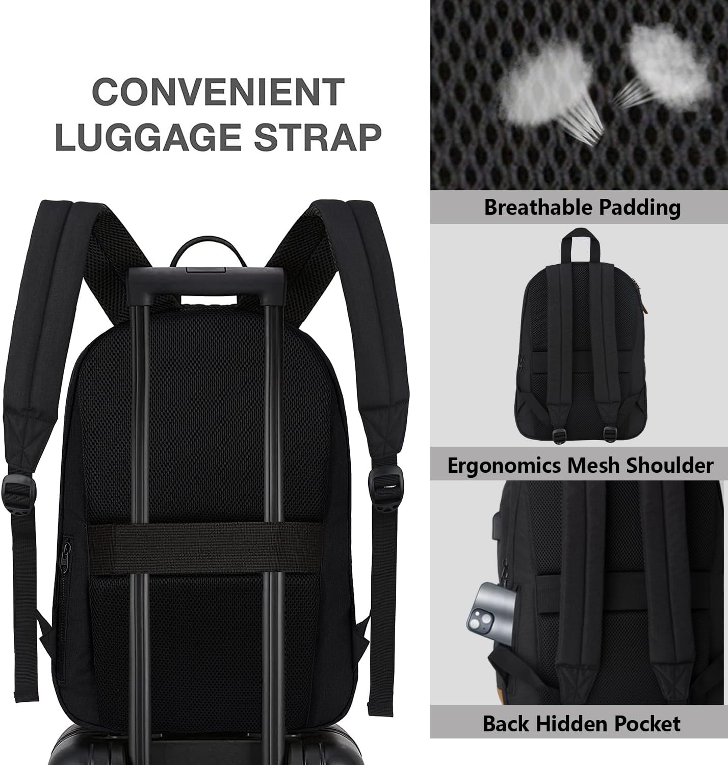 Backpack Classic Carry-On Travel anti Theft Laptop Backpack with USB Charging Port, Large Backpack for College(Dark Black）