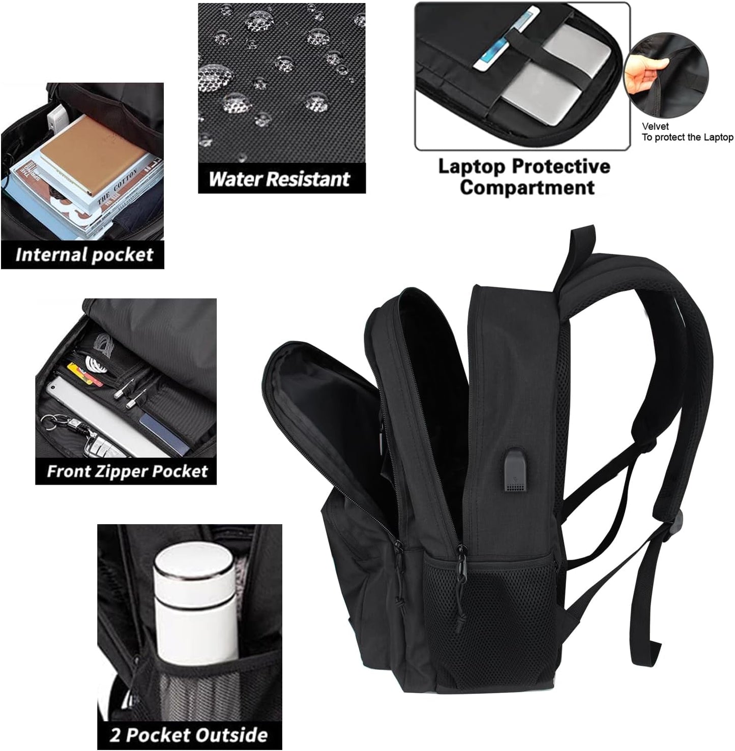 Backpack Classic Carry-On Travel anti Theft Laptop Backpack with USB Charging Port, Large Backpack for College(Dark Black）