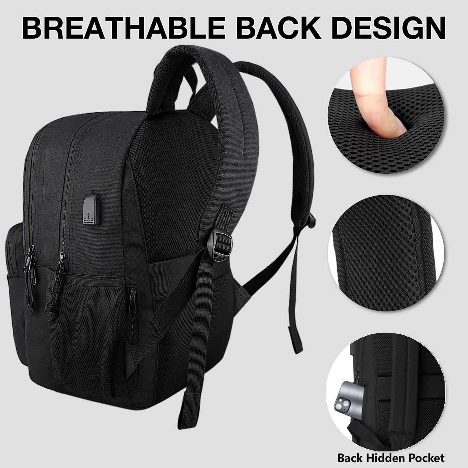 Backpack Classic Carry-On Travel anti Theft Laptop Backpack with USB Charging Port, Large Backpack for College(Dark Black）
