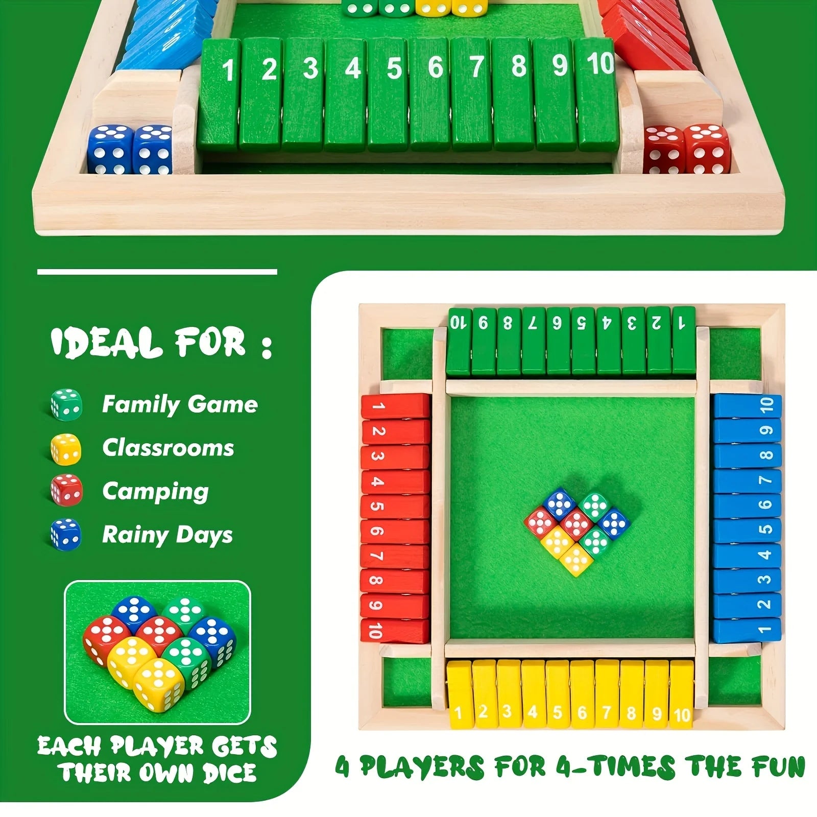 Board Game Wooden Dice for Adults and Kids 2-4 Player Family Classics Tabletop 